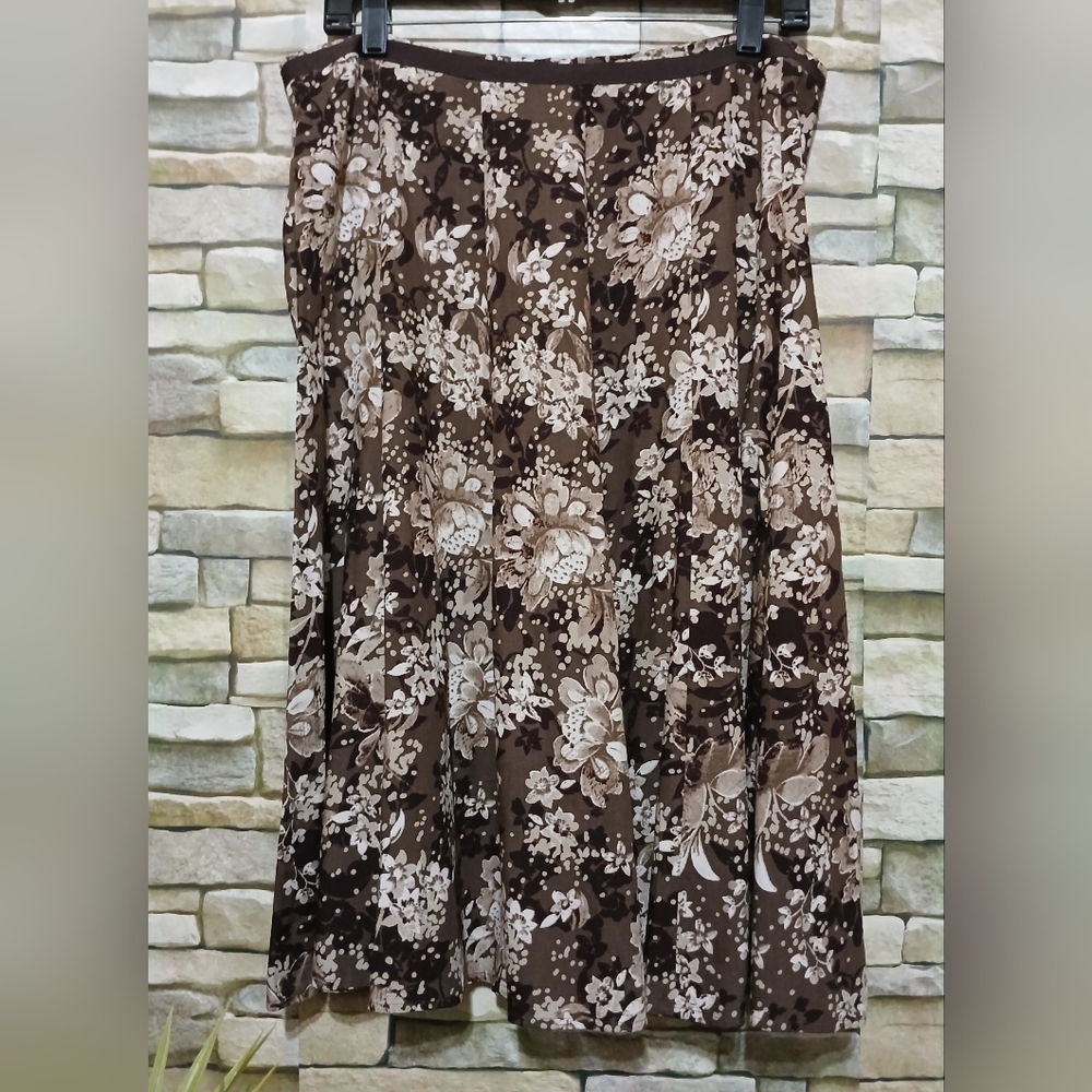 Christopher & Banks Size 12 Brown White Floral‎ A-Line Skirt